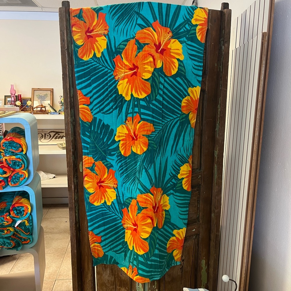 Tropical Hibiscus  Bath Towel - Teal and Orange - listing is 3 towels for $25